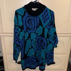 Elegant Floral Turtleneck Sweater - Black and Blue